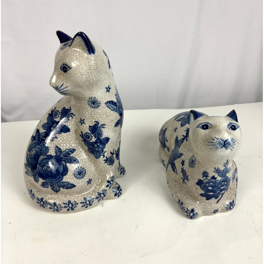 Vintage Blue White Floral Crackle Ceramic Cat Figurines Pair Chinoiserie Lot